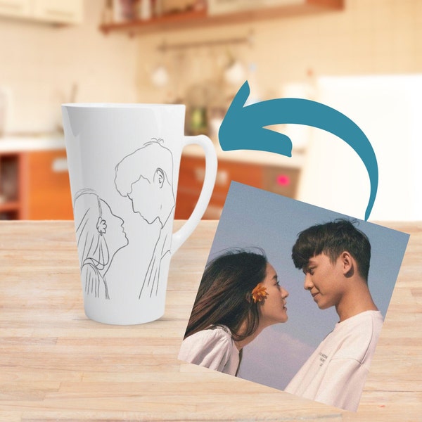 Dessin au trait à partir d'une tasse photo, tasse à café au lait de 17 oz, mug portrait de famille personnalisé, dessin au trait familial personnalisé, cadeau d'anniversaire personnalisé, cadeau de fête des mères