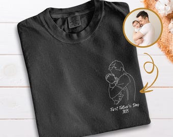 Comfort Colors Custom Portrait From Photo, Line Art Shirt, Father’s Day Gift, Family Outline Daddy Gift, Pregnancy Announcement Gift For Dad