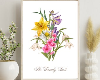 Custom Family Birth Flower Bouquet, Mother's Day Gift, Family Birth Flowers, Floral Family Portrait Personalized Birthday and Christmas Gift