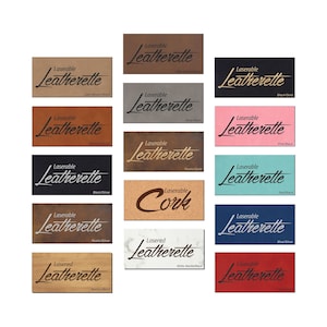 May include: A collage of 12 different laserable and lasered leatherette samples in various colors and textures. The samples are labeled with the material type and color, such as "Laserable Leatherette Dark Brown Black" and "Lasered Leatherette White Marble Black".