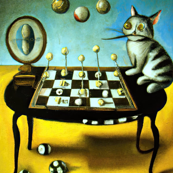 Cat Playing Checkers Digital Art/ Animal/Charming/Playful/Joy/Curiosity/Creature/Enjoyable/ Download/Portable Network Graphic/PNG