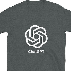 May include: A dark heather grey t-shirt with a white logo featuring a stylised geometric design and the text "ChatGPT".
