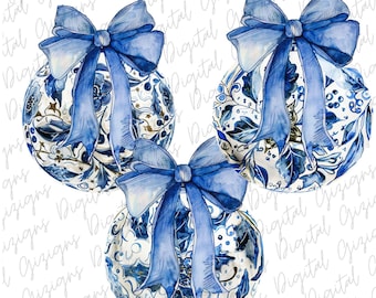 Blue and White Floral Christmas Ornament PNG Clipart Bundle, Blue Bow Coquette Chinoiserie Grandmillenial Blue Christmas PNG Clip Art Design