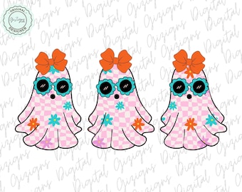 Cute Retro Hippie Pink Checkered Flower Ghost PNG Coquette Halloween Ghosts Clipart PNG, Halloween Ghosts png Girly Feminine Aesthetic