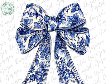Trendy Blue Floral Bow Coquette PNG Clipart, Blue Chinoiserie Bow Blue Willow Bow Feminine Aesthetic Sublimination Digital Design Commercial