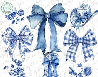 May include: A set of blue and white watercolor illustrations featuring a cowboy boot, a hat, and three different bows. The illustrations are in a blue and white color scheme with a floral pattern.