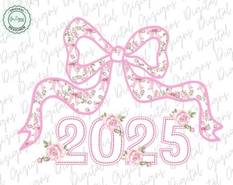 Trendy 2025 PNG Pink Coquette Bow png Clipart, Senior Feminine Girly Pink Floral Graduation Bow Class of 2025 Graduate Flower Aesthetic