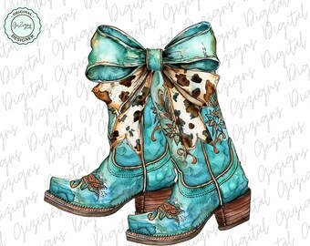 Türkis Cowgirl Stiefel PNG, Kokette Kuh Schleife PNG, Country Western Clipart, Cowboy Boot Sublimation DTF png, Rodeo Designs png, Country Girl