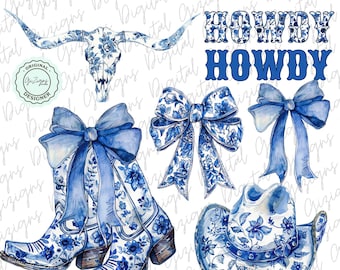 Trendy Western Coastal Cowgirl PNG Bundle, Coquette Blue Chinoiserie Floral Boots Blue Bows Cowskull Cowboy Hat Howdy Grandmillenial Preppy