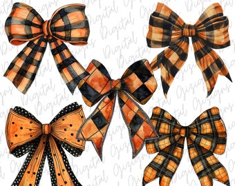 Pacchetto di clipart PNG con fiocco nero arancione di Halloween, fiocchi di Halloween fiocco Coquette PNG, fiocchi a scacchi, fiocchi a quadri, nastro nero acquerello preppy