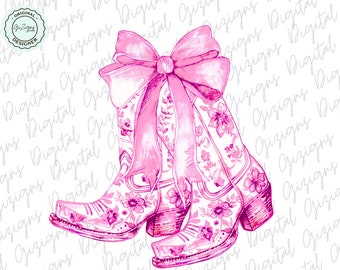 Pink and White Coastal Cowgirl PNG, Coquette Pink Chinoiserie Floral Boots Bow Grandmillenial Design PNG, Sublimation DTF png, Preppy png