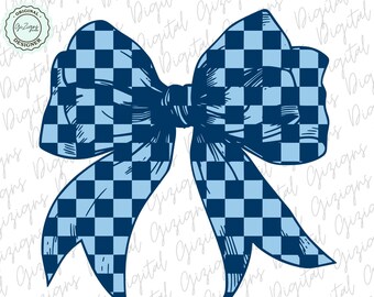 Trendy Checkered School Color Coquette Two Tone Blue Bow PNG Clipart, Varsity College Color Check Bow Game Day Checkerboard Bow Sublimation