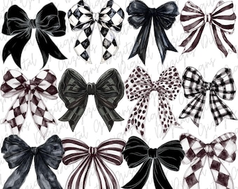 Black Bow PNG Clipart Bundle, Dark Coquette Bow PNG, Striped Bows, Plaid Bow, Leopard Bow, Argyle Bow, Preppy Watercolor Black Ribbon Bows