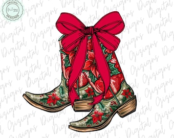 Clipart PNG di Cowgirl Western di Natale, Coquette Christmas Poinsettia Floral Boots Bow PNG Grandmillenial Design PNG, Preppy Sublimation