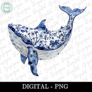 Blue and White Whale PNG, Blue Chinoiserie Floral Whale clipart, Blue Willow PNG, Delft Blue Beach Art, Ocean Art digitale download png