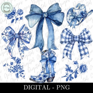 Coquette de cow-girl côtière à fleurs bleues PNG Clipart Bundle, Chinoiserie bleu de Delft Floral bleu avec sublimation DTF design grand-millénaire png