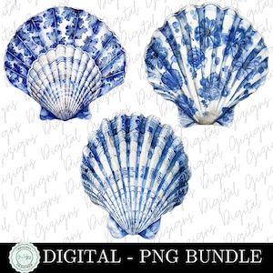 Conchas marinas azules y blancas PNG, imágenes prediseñadas de conchas florales de chinoiserie azul, PNG de sauce azul, diseño de playa azul de Delft, descarga digital de arte oceánico