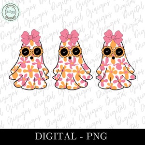 Carino retrò hippie arancione rosa fantasma PNG, coquette Halloween arancione fiocco fantasmi clipart PNG, fantasmi di Halloween png Girly estetica femminile