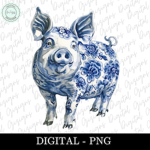 Cochon floral bleu et blanc PNG, Coquette chinoiserie bleue, cochon animal de la ferme floral design grand-millénaire PNG, Sublimination DTF png, Preppy png
