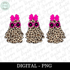 May include: Three cartoon ghosts with pink bows and sunglasses. The ghosts are wearing a leopard print pattern.
