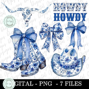 Trendy Western Coastal Cowgirl PNG-bundel, Coquette Blue Chinoiserie-laarzen met bloemen en blauwe strikken Cowskull Cowboyhoed Howdy Grandmillenial Preppy