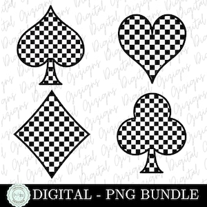 May include: Four black and white checkered playing card suits: spades, hearts, diamonds, and clubs. The cards are isolated on a white background.  DIGITAL - PNG BUNDLE