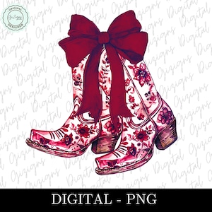 Crimson Coastal Cowgirl PNG, Coquette Crimson Chinoiserie Floral Boots Bow Grandmillenial Design PNG, Sublimation DTF png, Preppy Alabama