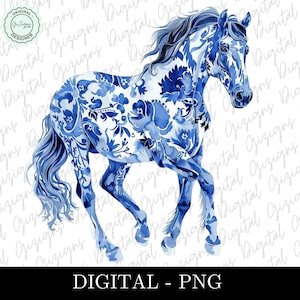 Blauwe en witte kustveedrijfster png, coquette blauwe chinoiserie bloemenpaard grandmillenial ontwerp png, sublimatie DTF, preppy png
