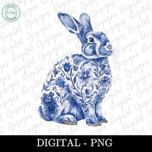 Blue and White Bunny Rabbit PNG, Blue Chinoiserie Floral Rabbit Clipart, Blue Willow PNG, Delfts blauw Pasen png, Pasen kunst digitale download