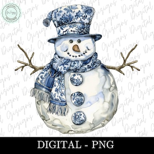 Blauwe en witte sneeuwpop png, blauwe chinoiserie kerst clipart, blauwe wilg png, Delfts blauwe kerstsneeuwpop, vakantie kunst digitale download