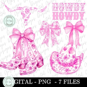 Paquete PNG de vaquera costera de moda occidental, botas con estampado chinoiserie rosa y flores, lazos azules, sombrero de vaquero con calavera de vaca, ¡Hola, Grandmillenial Preppy!