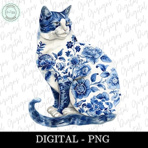 Chat blanc et bleu PNG, bleu chinoiserie Floral chat Clipart, saule bleu PNG, art de la plage bleu de Delft, téléchargement numérique de l'art océan