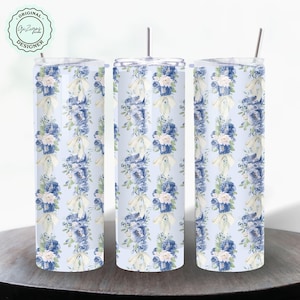 Vintage Floral Tumbler Wrap, Blue Coquette Bow 20 oz Tumbler Wrap PNG, Girly Grandmillenial Bows Soft Girl Fancy Shabby Chic Aesthetic png