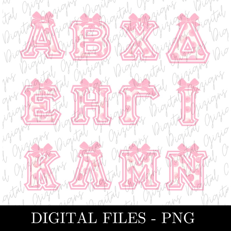 May include: Pink alphabet letters with a white polka dot pattern and a pink bow on top. The letters are outlined in a darker pink. The letters are A, B, X, E, H, I, K, A, M, and N.