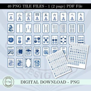 Peut inclure: T&eacute;l&eacute;chargement num&eacute;rique de 40 fichiers de tuiles PNG dans un PDF de 2 pages. Les tuiles sont bleues et blanches, avec des caract&egrave;res chinois, des motifs floraux et des th&egrave;mes saisonniers. Le texte "T&Eacute;L&Eacute;CHARGEMENT NUM&Eacute;RIQUE - PNG" est affich&eacute;.