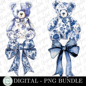 Trendy blauwe bloemen teddybeer PNG-clipart, blauwe beer aquarel retro chinoiserie blauwe wilg coquette strikken sublimatie digitaal ontwerp