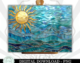 Glass Cutting Board PNG, Ocean Waves Stained Glass Effect Kitchen Decor Bread Board, Kitchen Cutting Board Sublimation Board Digital png