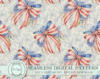 Patriotic 4th of July USA Coquette Bow Seamless Design Floral Stars Stripe Pattern, Bow Seamless Repeat png, Fourth of July png