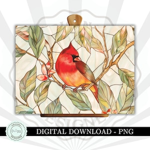 Glass Cutting Board PNG, Red Cardinal png Stained Glass Effect Kitchen Decor Bread Board, Kitchen Cutting Board Sublimation Board Digital