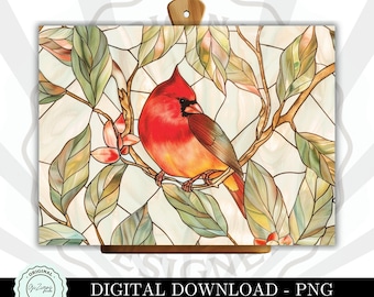 Glass Cutting Board PNG, Red Cardinal png Stained Glass Effect Kitchen Decor Bread Board, Kitchen Cutting Board Sublimation Board Digital