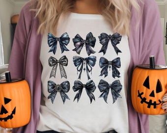Halloween Black Gothic Bow PNG Bundle, Dark Coquette Bows, Goth Witchy Whimsigoth Clipart, Black Bows Shirt Clipart, Coquette Halloween Bows