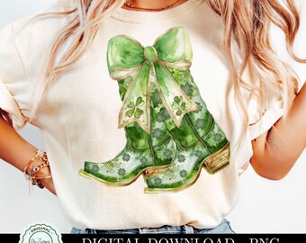 St. Patricks Day PNG Western Coastal Cowgirl PNG Clipart, Green Coquette Bow Cowboy Boots png Gold Glitter Shamrock Four Leaf Clover Design
