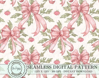 Coquette Seamless Pattern PNG, Pink Bow Repeated Pattern Digital Paper, Lovely Floral png Digital Scrapbook, Shabby Chic Repeat Design