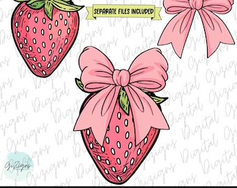 Trendy Watercolor Strawberry PNG Clipart, Strawberry Coquette Bow Clipart, Cute Fruit Watercolor Clipart, PNG for Sublimination Shirt Design