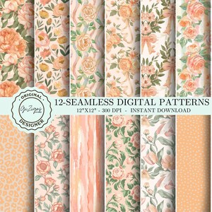 May include: Twelve seamless digital patterns featuring peach and green floral designs. The patterns are 12 inches by 12 inches and 300 DPI.  The text "12-SEAMLESS DIGITAL PATTERNS" and "12"X12" - 300 DPI - INSTANT DOWNLOAD" is included in the image.