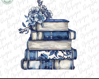 Trendy Blue Floral Bookish PNG Clipart, Blue Willow Book png Clipart, Delft Blue Chinoiserie Books Flowers, Book Club Sublimination Digital