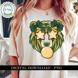 Green and Gold Bear Blowing Bubble PNG, Coquette Bow Bear Face PNG, Bear Head PNG, Cute Bear Logo Mascot Lady Bear Sublimation Preppy