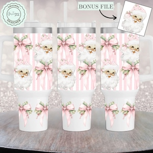 Pink Christmas 40 oz Tumbler Wrap, Vintage Pink Santa Coquette Bow with Handle Design, Grandmillennial PNG Wraps, Girly Flora Christmas PNG