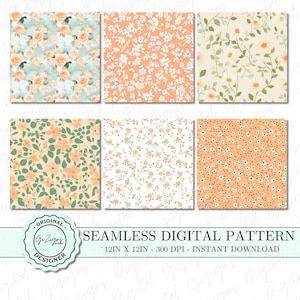 Op de afbeelding: Zes naadloze digitale patronen met bloemmotieven in verschillende kleuren, waaronder perzik, wit en groen. De patronen zijn 30,48 cm bij 30,48 cm en 300 DPI.