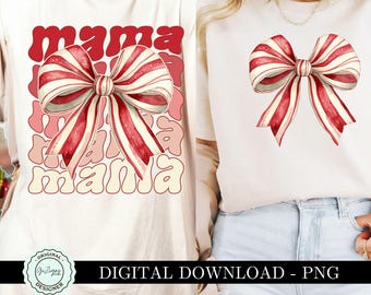 Christmas Mama Coquette PNG Bow Clipart, Striped Bow Mama Shirt Design, Coquette Red Bow PNG Sublimation Mama PNG Candy Cane Mama Claus
